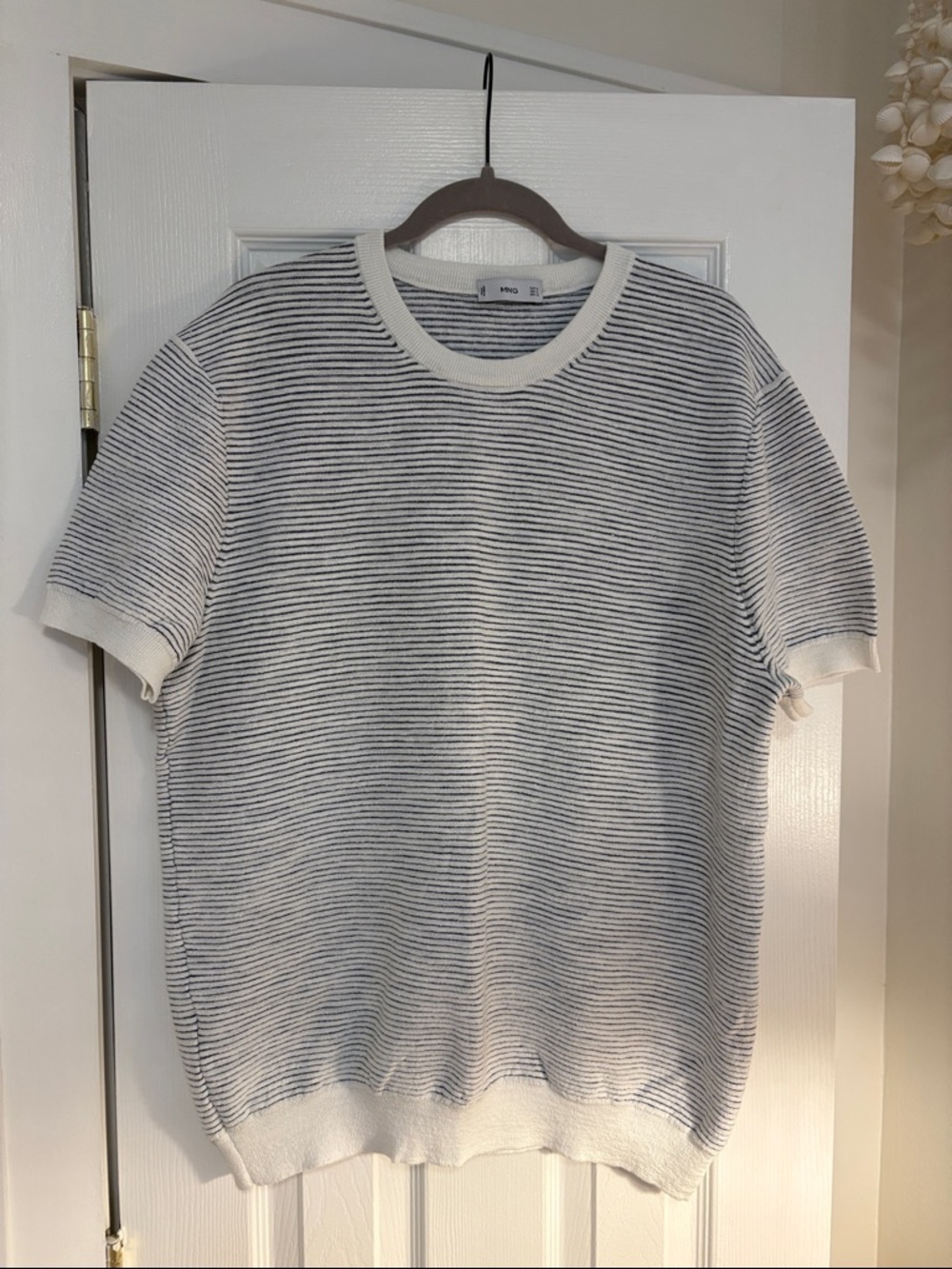 Mango White & Navy Striped Short Sleeve Knit Top